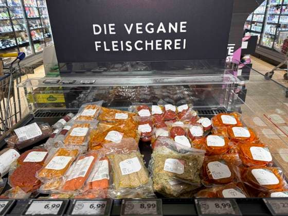 abb Kuehlregal with different types of sausage Steak Bratlinge Vegan meat products Sign with the inscription Die Vegane Fleischerei in the supermarket at Edeka Vegetarian meat, meat substitutes are products that replace animal meat and are made on the basis of vegetable proteins such as soy tofu, soy granules, wheat seitan or peas Hh Germany