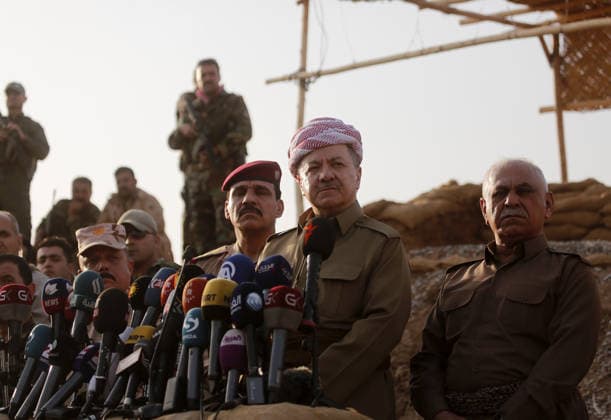 Offensive begins to liberate Iraq’s Mosul from Deash MOSUL, IRAQ - OCTOBER 17: Iraqi Kurdish Regional Government (IKRG) President Masoud Barzani speaks to press as an operation to liberate Mosul from Daesh terrorist organization continues on October 17, 2016. A much anticipated Mosul offensive to liberate the city from Daesh began midnight Sunday, according to Iraqi Prime Minister Haider al-Abadi. Ninawa Iraq. Editorial use only. Please get in touch for any other usage.  Copyright: x2025xAnadoluxYunusxKeleÅüx