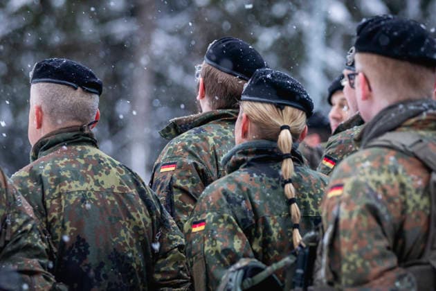 Bundeswehr soldiers of the Lithuanian Armored Brigade stand in formation in Nemencine, 05 01 2026 Nemencine Lithuania Copyright: xJulianexSonntagx