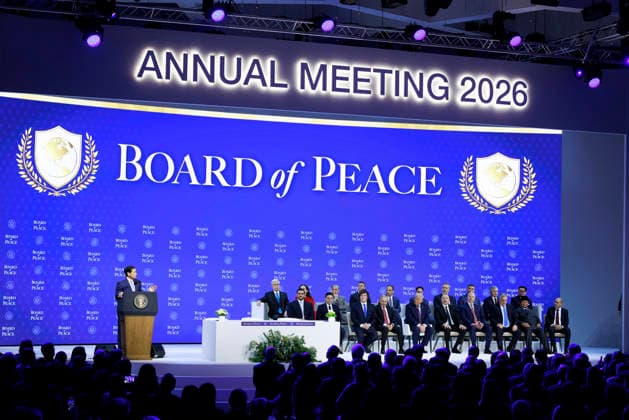 US Secretary of State Marco Rubio speaks at the Board of Peace meeting during the World Economic Forum (WEF) annual meeting in Davos on Thursday, January 22, 2026.  SWZ2026012227 JasonxAlden