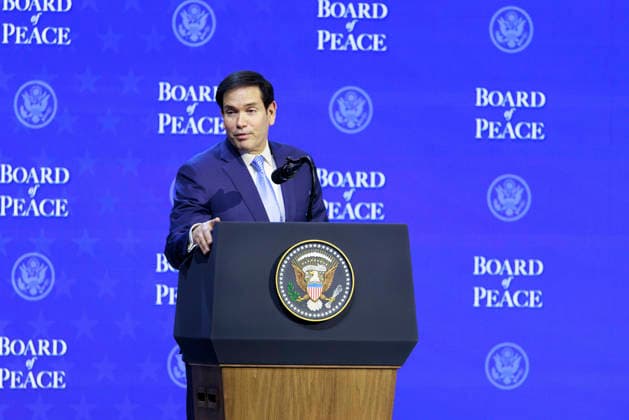 US Secretary of State Marco Rubio speaks at the Board of Peace meeting during the World Economic Forum (WEF) annual meeting in Davos on Thursday, January 22, 2026.  SWZ2026012228 JasonxAlden