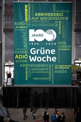 Gruene Woche Berlin DEU, Deutschland, Germany, Berlin, 23.01.2026 Logo 100 Jahre Grüne Woche 1926 - 2026 zum Thema Ernaehrungssicherheit und oekologische Landwirtschaft vom Forum Moderne Landwirtschaft auf der Messe der Internationalen Gruenen Woche unter dem Motto Tradition trifft Zukunftsvisionen Gutes Essen Starkes Land Zukunftsfeste Landwirtschaft 100 Jahre 1926 - 2026 in Berlin Deutschland . Die Internationale Gruene Woche Berlin ist eine internationale Verbrauchermesse und Ausstellung der Ernaehrungswirtschaft Landwirtschaft Gartenbau und fuer landwirtschaftliche Produkte aus aller Welt. Die Messe gibt aktuellen gesellschaftlichen Fragen wie Klimaschutz Kreislaufwirtschaft Ressourcenschonung und nachhaltige Landnutzung eine Buehne Gr