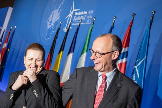 Friedrich Merz, Federal Chancellor of Germany on the right with Mette Frederiksen, Prime Minister of Denmark after the joint closing press conference 3rd North Sea Summit 2026 in Hamburg, Germany 3 North Sea Summit 2026 in Hamburg, Germany, Hamburg Hamburg Germany Town Hall, Townhall