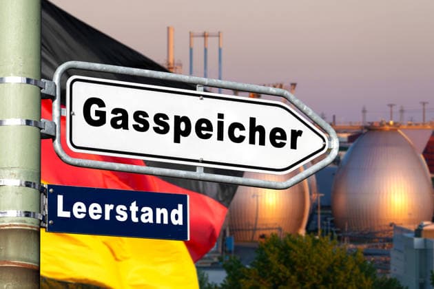 Germany - January 29, 2026: PHOTOMONTAGE, signpost with German flag in front of gas storage facility with the inscription: Gas storage facility and vacancy. Symbolic image of low fill levels, gas shortages, and the tense energy supply situation in Germany during the gas crisis