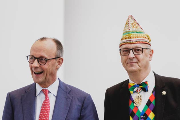 L R Friedrich Merz CDU , Federal Chancellor, and Klaus Ludwig Fess, President of the Bund Deutscher Karneval e V , taken during the traditional carnival reception at the Federal Chancellery in Berlin, 03 02 2026 Berlin Germany Copyright: xFlorianxGaertnerx