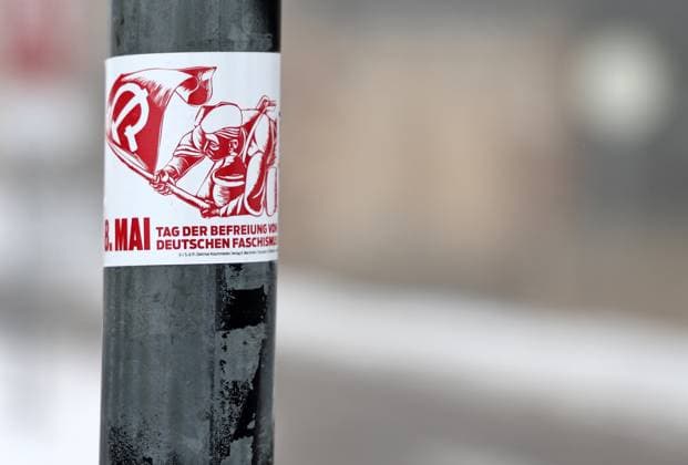 Querfurt bekelbt 08 02 2026, Querfurt, sticker with the inscription 8 May Day of Liberation from German Fascism