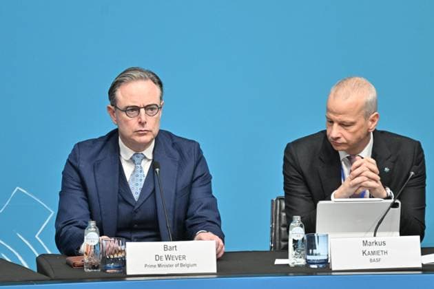 Belgian Prime Minister Bart De Wever and BASF CEO Markus Kamieth pictured during the European Industry Summit takes place in Antwerp on Wednesday 11 February 2026.  JONASxROOSENS 162621763