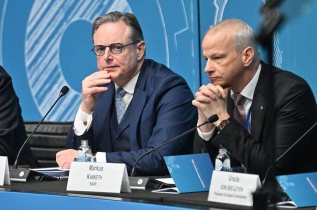 Belgian Prime Minister Bart De Wever and BASF CEO Markus Kamieth pictured during the European Industry Summit takes place in Antwerp on Wednesday 11 February 2026.  JONASxROOSENS 162623482