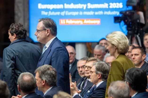 Belgian Prime Minister Bart De Wever and EU President Ursula von der Leyen arrive for the European Industry Summit in Antwerp on Wednesday 11 February 2026.  JONASxROOSENS 162636431