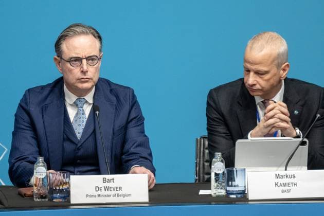 Belgian Prime Minister Bart De Wever and BASF CEO Markus Kamieth pictured during the European Industry Summit in Antwerp on Wednesday 11 February 2026.  JONASxROOSENS 162636807