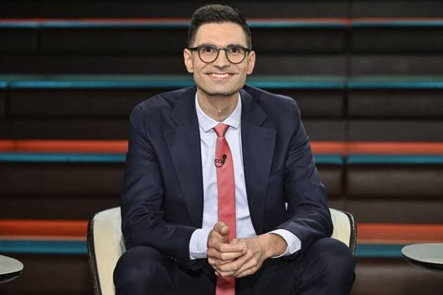 Sepp Müller politician 02 26 her Sepp Müller on February 12, 2026 in Markus Lanz , ZDF recording from February 11, 2026 TV television talk show talk show Germany German German man CDU state group Saxony Anhalt parliamentary group vice politics German politician cross half sitting smiling