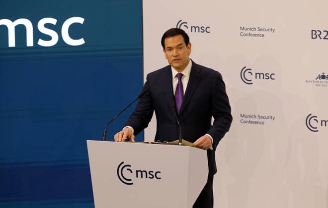 US Secretary of State Marco Rubio during his speech at the Munich Security Conference on February 14, 2026 US Secretary of State Marco Rubio during his speech at the Munich Security Conference on February 14, 2026 Munich Bavaria Germany