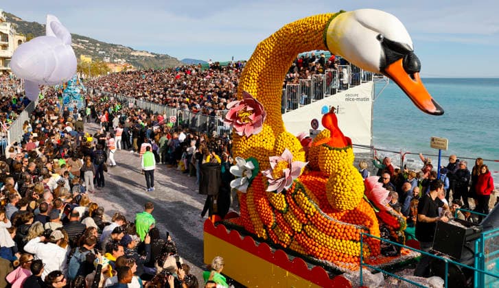 Menton, France February 15, 2026 92e Fete du Citron 92nd Lemon Festival Merveilles du vivant, Sunday Corso 92e Fete du Citron 92nd Lemon Festival in Menton Merveilles du vivant Sunday Corso