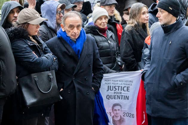 Paris, France February 15, 2026 - Gathering after the death of Quentin D., an identity activist attacked in Lyon. Quentin D., who is close to the far-right group Nemesis, was violently attacked on the sidelines of a conference given by France Insoumise (LFI) MEP Rima Hassan at the Institute of Political Studies in Lyon - Eric Zemmour POLITIQUE, EXTREME DROITE, MANIFESTATION, HOMMAGE, CRIME, VIOLENCE, AGRESSION, LYNCHAGE,  Copyright: xVincentxIsorex