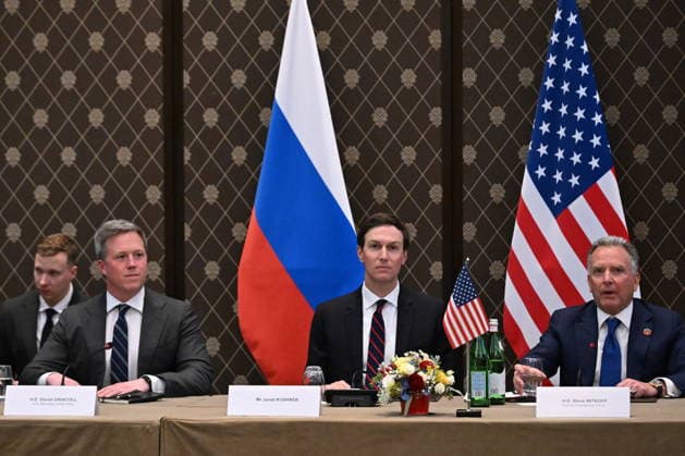 SWITZERLAND, GENEVA - FEBRUARY 17, 2026: US Secretary of the Army Daniel Driscoll, Senior Advisor to US President Trump Jared Kushner and US Special Envoy to the Middle East US Special Envoy for Peace Missions Steve Witkoff (L-R) at trilateral talks between Russia, the United States and Ukraine. Yekaterina Chesnokova TASS  88847301