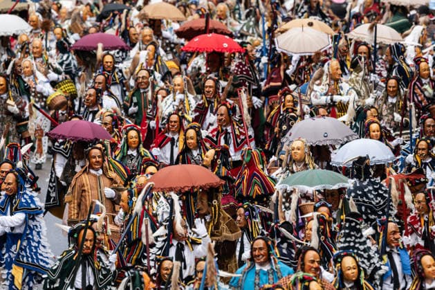 Numerous jesters walk through the city center during the Narrensprung The Rottweiler Narrensprung is one of the highlights of the Swabian-Alemannic carnival Rottweil Baden Württemberg Germany