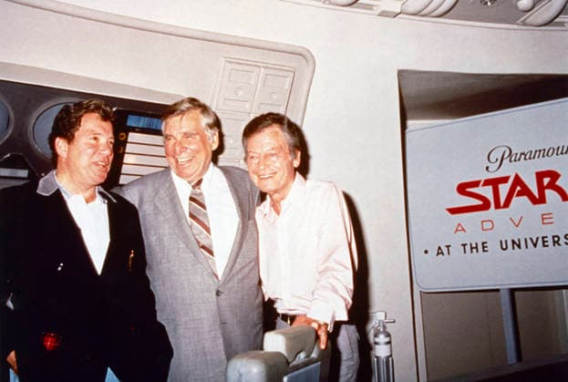 RECORD DATE NOT STATED Gene Roddenberry with William Shatner and DeForest Kelley at Universal Studios Star Trek Adventure circa 1988 EDITORIAL USE ONLY  Copyright: x