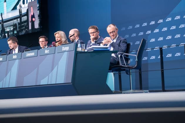Federal Chancellor Friedrich Merz on the right with his Secretary General Carsten Linnemann on the stage of the Federal Party Congress 38 Party Congress of the CDU Germany in Stuttgart, February 2026, Stuttgart Baden Württemberg Germany Trade fair