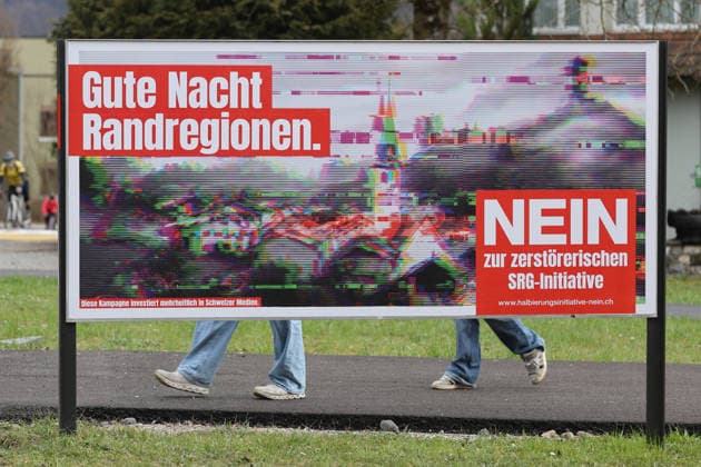 22 02 2026 Aarau, SWITZERLAND, A No poster for the destructive SRG initiative halving initiative referendum of March 8, 2026