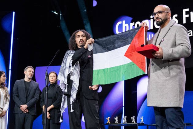 Abdallah Alkhatib and Taqiyeddine Issaad with the prize for best feature film debut for Chronicles From the Siege at the 76th Berlin International Film Festival Abdallah Alkhatib and Taqiyeddine Issaad with the prize for best feature film debut for Chronicles From the Siege at the 76th Berlin International Film Festival snapshot photography K M Krause