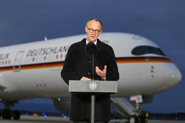 Schönefeld near Berlin, Brandenburg, Germany, 24 02 2026 BER Airport Trip to China Federal Chancellor Friedrich Merz CDU during a statement before departure Copyright: xdtsxNachrichtenagenturx dts_108295