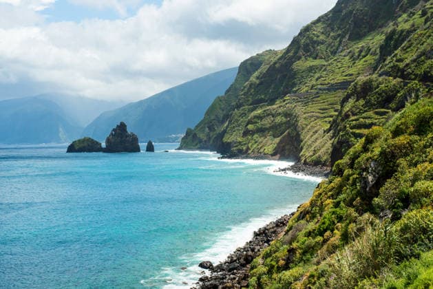 Coastal landscape of Madeira, Portugal with rocky shores Scenic view of the lush green cliffs meeting the azure Atlantic Ocean on Madeira Island, Portugal. Rugged rocks and vibrant vegetation highlight the island natural beauty. Model Released FranciscoCarrodeguas_ID31901_1085776_013 Copyright: xFranciscoxCarrodeguasx RECORD DATE NOT STATED