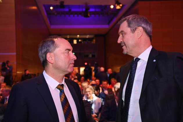 from left Hubert AIWANGER Free Voters, Bavarian Minister of Economic Affairs, Markus SOEDER State Premier of Bavaria and CSU Chairman ZDH Forum on the occasion of the International Craft Fair IHM Munich on 04 03 2026
