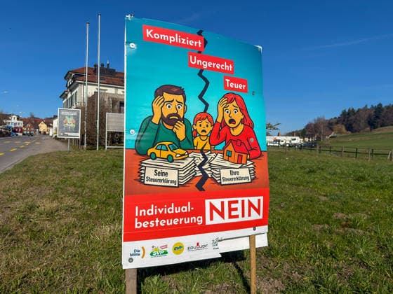 Wil SG , Switzerland, Europe, election poster against individual taxation for the Swiss referendum on March 8, 2026, campaign individual taxation NO, political advertising, re Copyright: xJOERANxSTEINSIEKx