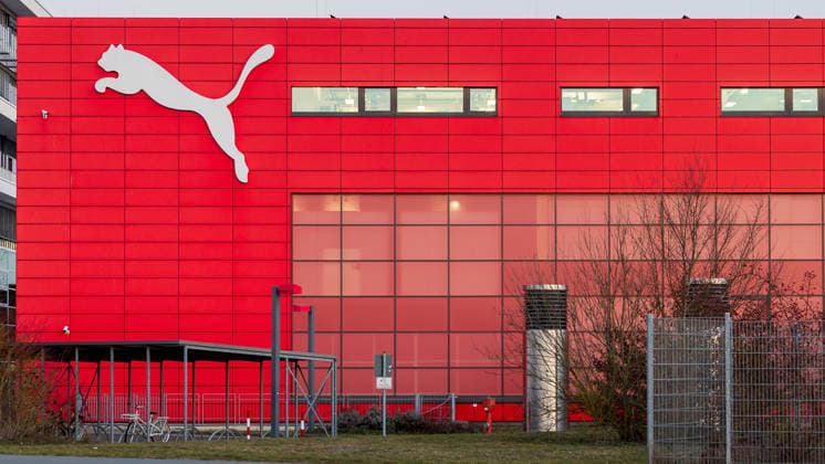 Headquarters of Puma SE at the headquarters of the sporting goods manufacturer, Herzogenaurach, 04 03 2026 Large Puma logo on the facade of a building at the headquarters of Puma SE at the headquarters of the international sporting goods manufacturer in Herzogenaurach The building is part of the corporate campus of the companys headquarters Herzogenaurach Bavaria Germ 20260304-286A0010-M4000