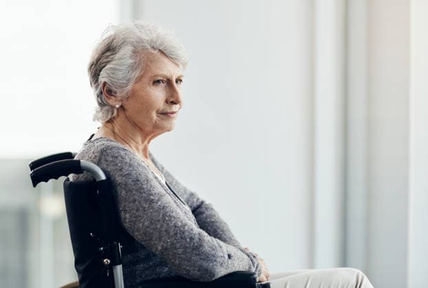 Old woman, thinking and happy with wheelchair in home for reflection with space, memory and recovery. Elderly person with disability, smile and nostalgia with rest for rehabilitation in retirement. model released property released Copyright: xYurixArcursxProductionsx