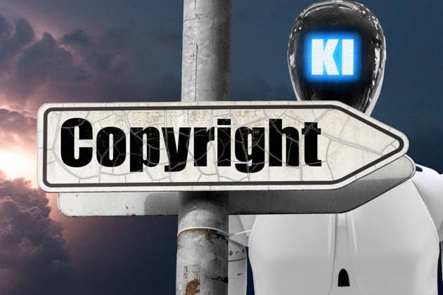 Mindelheim, Bavaria, Germany - March 12, 2026: PHOTO MONTAGE, A signpost with the term copyright next to a symbolic AI figure represents debates about copyright in the age of artificial intelligence. AI can imitate or generate content, raising new questions about image rights and intellectual property.