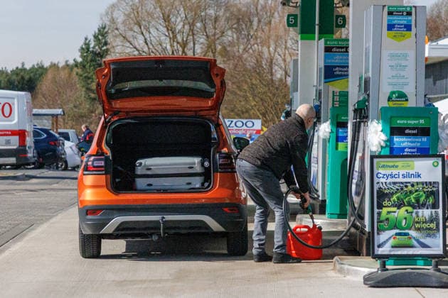 13 03 2026 German citizens fill up their vehicles with fuel in Poland because the price per liter in Germany is over two euros A canister being filled with fuel Dobra Lubieszyn Western Pomerania Poland