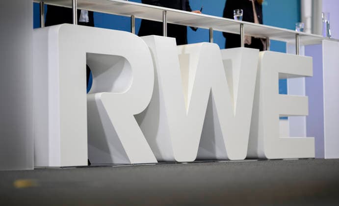 RWE lettering, Annual Press Conference of RWE AG, on 12 03 2026 in Essen Germany @ RWE Campus