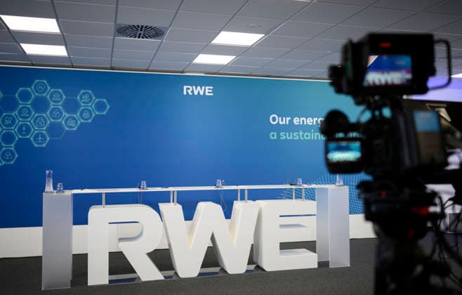 RWE lettering in the focus of a video camera Annual press conference of RWE AG, on 12 03 2026 in Essen Germany @ RWE Campus