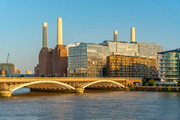 View of Battersea Power Station and River Thames in summer from Nine Elms in London, England, with clear skies and modern buildings nearby Copyright: FrankxFell 844-42529