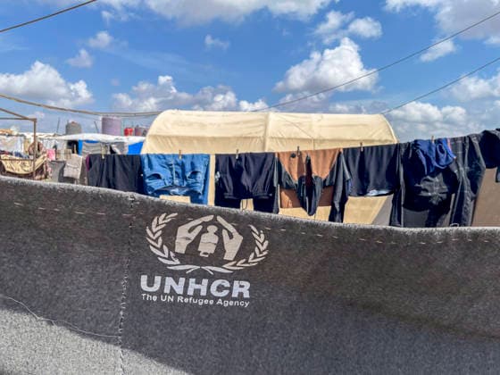 al Tala™i camp near al Hasaka, Syria, Asia Tents and temporary shelters in the camp for internally displaced persons, laundry hanging on a line to dry in front of a tent In the foreground a blanket with th Copyright: xEbirxMuhemedx