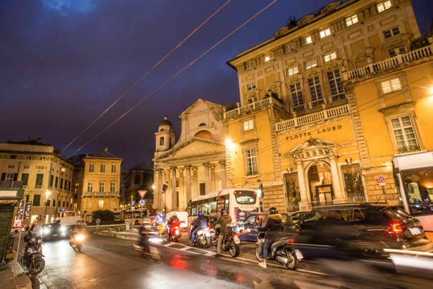Historic buildings at the blue hour in Genoa, Liguria, Italy In the old town of Genoa