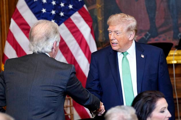 President Donald Trump shakes hands with Democratic Congressman Richard Neal of Massachusetts as he speaks at the Friends of Ireland Luncheon to welcomes Ireland s Taoiseach Micheal Martin to Capitol Hill in Washington, DC on Tuesday, March 17, 2026. WAS2026031753 BONNIExCASH