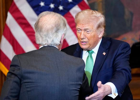President Donald Trump shakes hands with Democratic Congressman Richard Neal of Massachusetts as he speaks at the Friends of Ireland Luncheon to welcomes Ireland s Taoiseach Micheal Martin to Capitol Hill in Washington, DC on Tuesday, March 17, 2026. WAS2026031754 BONNIExCASH