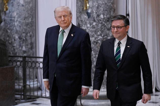 US President Donald Trump departs the US Capitol US President Donald Trump departs the US Capitol with Speaker of the House Mike Johnson (R-LA) following the annual Friends of Ireland luncheon.on March 17, 2026 in Washington, DC. Photo by Olivier Douliery ABACAPRESS.COM Washington DC United States  Copyright: xDoulieryxOlivier ABACAx