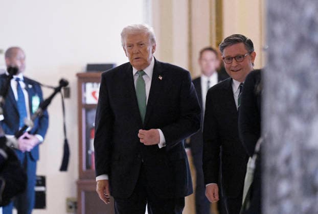 US President Donald Trump departs the US Capitol US President Donald Trump departs the US Capitol with Speaker of the House Mike Johnson (R-LA) following the annual Friends of Ireland luncheon.on March 17, 2026 in Washington, DC. Photo by Olivier Douliery ABACAPRESS.COM Washington DC United States  Copyright: xDoulieryxOlivier ABACAx
