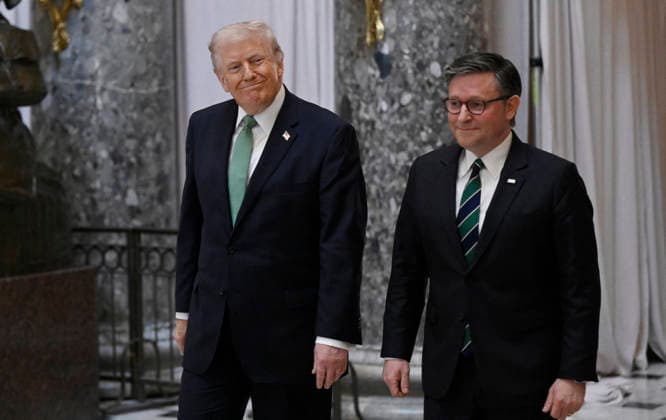 US President Donald Trump departs the US Capitol US President Donald Trump departs the US Capitol with Speaker of the House Mike Johnson (R-LA) following the annual Friends of Ireland luncheon.on March 17, 2026 in Washington, DC. Photo by Olivier Douliery ABACAPRESS.COM Washington DC United States  Copyright: xDoulieryxOlivier ABACAx