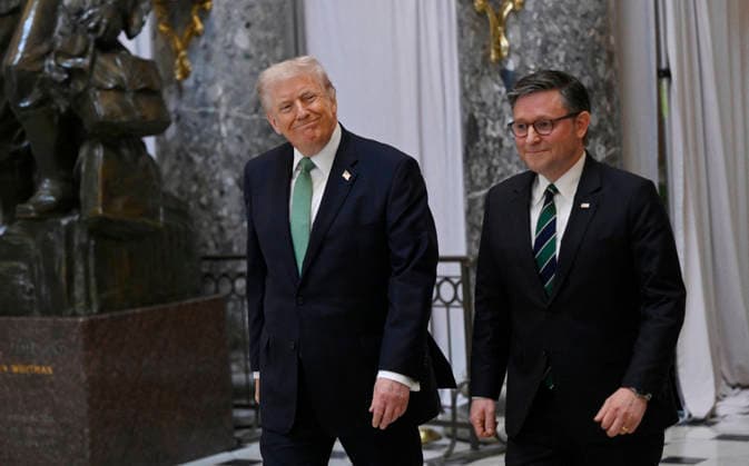 US President Donald Trump departs the US Capitol US President Donald Trump departs the US Capitol with Speaker of the House Mike Johnson (R-LA) following the annual Friends of Ireland luncheon.on March 17, 2026 in Washington, DC. Photo by Olivier Douliery ABACAPRESS.COM Washington DC United States  Copyright: xDoulieryxOlivier ABACAx
