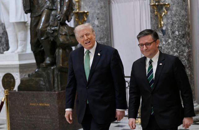 US President Donald Trump departs the US Capitol US President Donald Trump departs the US Capitol with Speaker of the House Mike Johnson (R-LA) following the annual Friends of Ireland luncheon.on March 17, 2026 in Washington, DC. Photo by Olivier Douliery ABACAPRESS.COM Washington DC United States  Copyright: xDoulieryxOlivier ABACAx