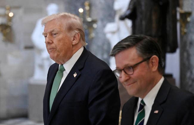 US President Donald Trump departs the US Capitol US President Donald Trump departs the US Capitol with Speaker of the House Mike Johnson (R-LA) following the annual Friends of Ireland luncheon.on March 17, 2026 in Washington, DC. Photo by Olivier Douliery ABACAPRESS.COM Washington DC United States  Copyright: xDoulieryxOlivier ABACAx