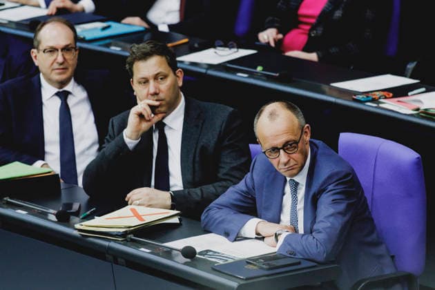 R L Friedrich Merz CDU , Federal Chancellor, Lars Klingbeil, Federal Minister of Finance, and Alexander Dobrindt CSU , Federal Minister of the Interior, recorded during the debate on the government declaration in the German Bundestag in Berlin, 18 03 2026 Berlin Germany Copyright: xFlorianxGaertnerx