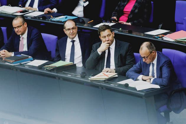 R L Friedrich Merz CDU , Federal Chancellor, Lars Klingbeil, Federal Minister of Finance, Alexander Dobrindt CSU , Federal Minister of the Interior, and Gunther Krichbaum, Minister of State in the Federal Ministry of Foreign Affairs, recorded during the debate on the government declaration in the German Bundestag in Berlin, 18 03 2026 Berlin Germany Copyright: xFlorianxGaertnerx