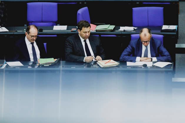 R L Friedrich Merz CDU , Federal Chancellor, Lars Klingbeil, Federal Minister of Finance, and Alexander Dobrindt CSU , Federal Minister of the Interior, recorded during the debate on the government declaration in the German Bundestag in Berlin, 18 03 2026 Berlin Germany Copyright: xFlorianxGaertnerx