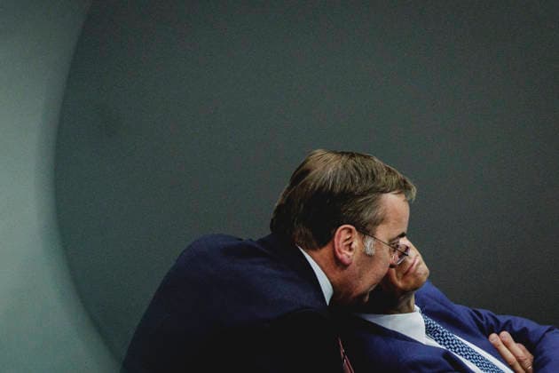 R L Friedrich Merz CDU , Federal Chancellor, and Boris Pistorius SPD , Federal Minister of Defense, recorded during the debate on the government declaration in the German Bundestag in Berlin, 18 03 2026 Berlin Germany Copyright: xFlorianxGaertnerx