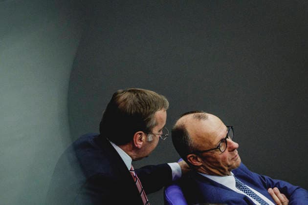 R L Friedrich Merz CDU , Federal Chancellor, and Boris Pistorius SPD , Federal Minister of Defense, recorded during the debate on the government declaration in the German Bundestag in Berlin, 18 03 2026 Berlin Germany Copyright: xFlorianxGaertnerx